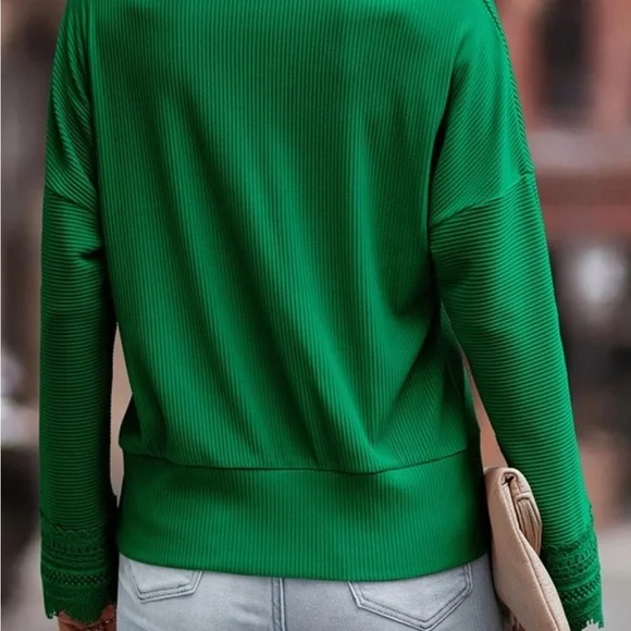Green Ribbed Long Sleeve Top with Lace Trim | Easy Everyday Fit | NWT - Picture 4 of 8
